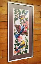 QUADRO UCCELLI e FIORI Ricamo mezzopunto anni '70 con cornice in legno bianca