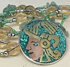 COLLANA /SPILLA MOSAICO DI TURCHESE ARGENTO RAME BRONZO E PERLE QUARZO RUTILIO