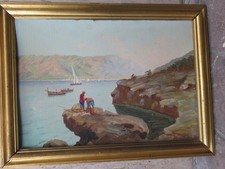 vecchio quadro dipinto PESCATORI SCOGLIO COSTIERA AMALFITANA M MIRABILE pittore