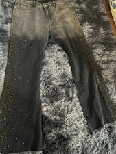 Black Baggy Jeans with Gold Rhinestones – Size 36, Gradient Wash Streetwear
