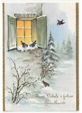 JL 1972 paesaggio innevato uccelli pettirossi cartolina vintage Buon Natale