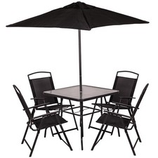Set da Pranzo 6 Pezzi per Giardino Patio con Ombrellone 4 Sedie Pieghevoli Nero