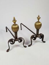 ANTICA COPPIA ALARI ATTREZZI DA CAMINO IN FERRO E BRONZO  LUIGI XIV SECOLO XVII 