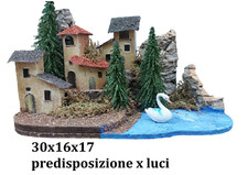 casa presepe lago con casette alberi animale cigno predisposizione luci  sughero