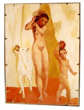 Stampa,Picasso,Ragazze con capra, applicata a pannello MDF intagliato Spess cm 1