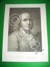 Stampa Incisione d' epoca - Ritratto di Benjamin Franklin - 1818 ca