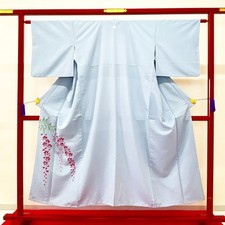 Kimono giapponese 'HOUMONGI' poliestere/azzurro/fiore/lunghezza: 149 cm N1007