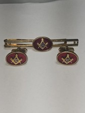 Vintage Anson Gold Red Masonic Emblem Tie Clip and Cuff Links Set