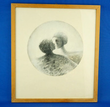 Disegno matita chiaro scuro coppia bacio innamorati stilizzati 1978 XX Firmato