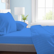 Completo Lenzuola Matrimoniale in Microfibra, Azzurro, Rasatello Rigato, No Stir