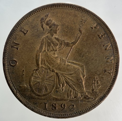 1892 victoria one penny coin - penny, |