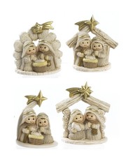 4 Pezzi Assortiti Presepe Gruppo Natività Bambino con Capanna 6.5 cm in Resina