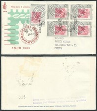 1959 ITALIA FDC VENETIA 167 GIORNATA FRANCOBOLLO QUARTINA NO TIMBRO ARRIVO - CG