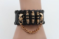Donna Ecopelle Nera Bracciale Moda Metallo Oro Catene Teschi Pallottola Ciondoli