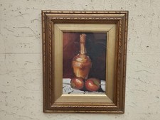 ANTICO QUADRO DIPINTO OLIO SU TELA NATURA MORTA BOTTIGLIA CON FRUTTA + CORNICE