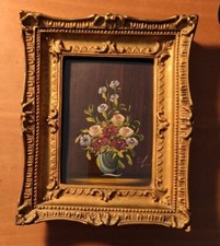 ANTICO  DIPINTO OLIO SU RAME - VASO FIORI IN CORNICE BAROCCA DORATA - FIRMATO