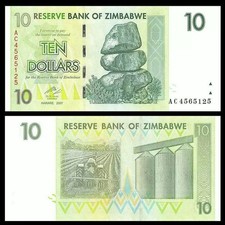 Banconota da 10 dollari dello Zimbabwe 2007 Fior di conio UNC AA+ P-67