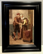ANTICO QUADRO DIPINTO ACQUERELLO 800 SCENA INTERNI RITRATTO FIGURE ANZIANI GATTO