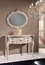 CONSOLLE E SPECCHIO OVALE IN LEGNO AVORIO E FOGLIA ARGENTO INGRESSO ARREDO CASA