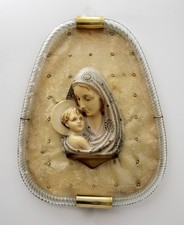 Madonna con bambino in vetro di Murano, cornice torchon di Venini, metà secolo