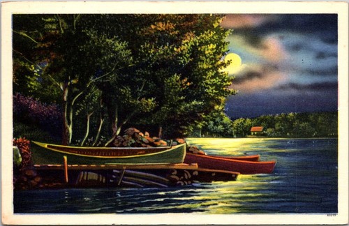 Postcard canoes shore - canoes, on