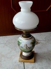 Lampada porcellana e ottone con vetro opale bianco GLOBO tavolo vintage