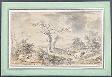 Sauveur Legros (1754-1834) Disegno Antico 1828 Wash Acquerello Paesaggio Animali