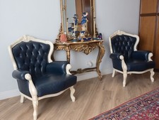 Divano e Due Poltrone in Vero Pelle Blu Made in Italy