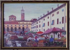 ARTE NAIF lito originale cartoncino in piazza al mercato dipinto Arturo Stucchi