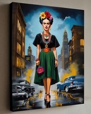 Frida Kahlo in città OOAK tecnica mista su tela, ventaglio art 40X30 cm con COA Hitt