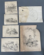Lotto 6 disegni d’epoca a matita paesaggi e fanciulle