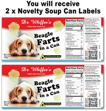 2x Funny Beagle Dog Farts Zuppiera Lattina Etichette - Scherzo Gag REGALO Pet Lover Cucciolo Segugio