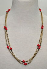 Collana doppia bigiotteria vintage perle pietre finto corallo rosso maglie oro