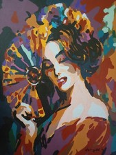 QUADRO MODERNO DIPINTO A MANO OLIO SU TELA DONNA CON VENTAGLIO 