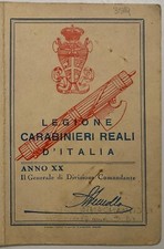 VENTENNIO LEGIONE CARABINIERI REALI D’ITALIA TESSERA A.XX 1942 COORTE DI BRESCIA