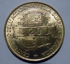 1996 ITALIA 200 LIRE COMM COIN 100 ANNI ACCADEMIA DELLA GUARDIA di FINANZA KM 184