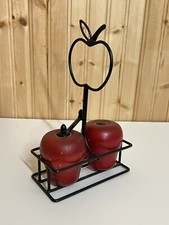 Vintage Wooden Apple Salt Shaker and Pepper Mill Set Pair Of 2 With Metal Holder