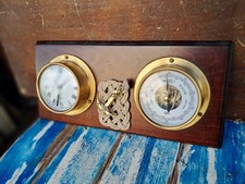 Stazione Barometrica Barigo Con Barometro Ed Orologio Ottone Su Mogano Vintage 