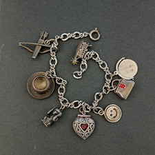 Bracciale Vintage Sterling Charm Danecraft Puffy Charms Medaglione Borsetta Cuore Patina