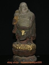 Antico disegno cinese 19,6" legno colorato scultura dorata Maitreya Buddha scultura