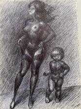 FELIX (maestro russo a Roma) Disegno con biro, al retro Stalin e Mussolini