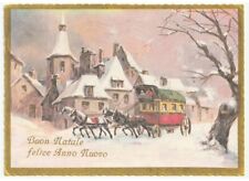 paese innevato diligenza cavalli cartolina vintage auguri di Buon Natale