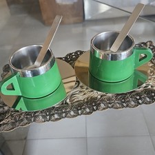 MIASINO Anni '70 Due Tazzine Caffè Acciaio Inox 18/10 e ABS Verde Con Cucchiaini