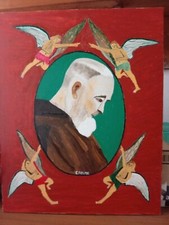 Quadro Naif Padre Pio con angioletti. 50x40. Senza cornice vetro. Più statuetta.