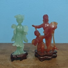 Coppia SCULTURE GIADA CORNIOLA PREGIATE RAFFINATE ARTE ORIENTALE VINTAG MINERALE