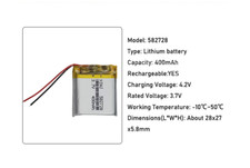 Batteria 582728 3,7V 400mAh ricaricabile Li-Po Polimeri Litio Battery 2 fili