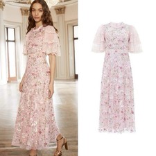 Abito midi ballerina pizzo paillettes ricamato Odette ago e filo rosa 12 nuovo con etichette