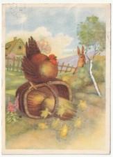 1959 paesaggio di campagna gallina pulcini coniglio cartolina pasquale d'epoca