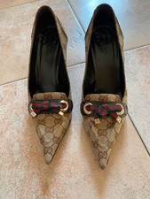 Décolleté tessuto GG Gucci. Marroni fiocco verde rosso marchio oro. 38C . Nuove