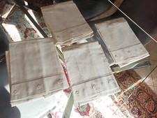 F9  4 Federe vintage lino sabbia 77x45 cm, orlo a giorno, bottoni madreperla
